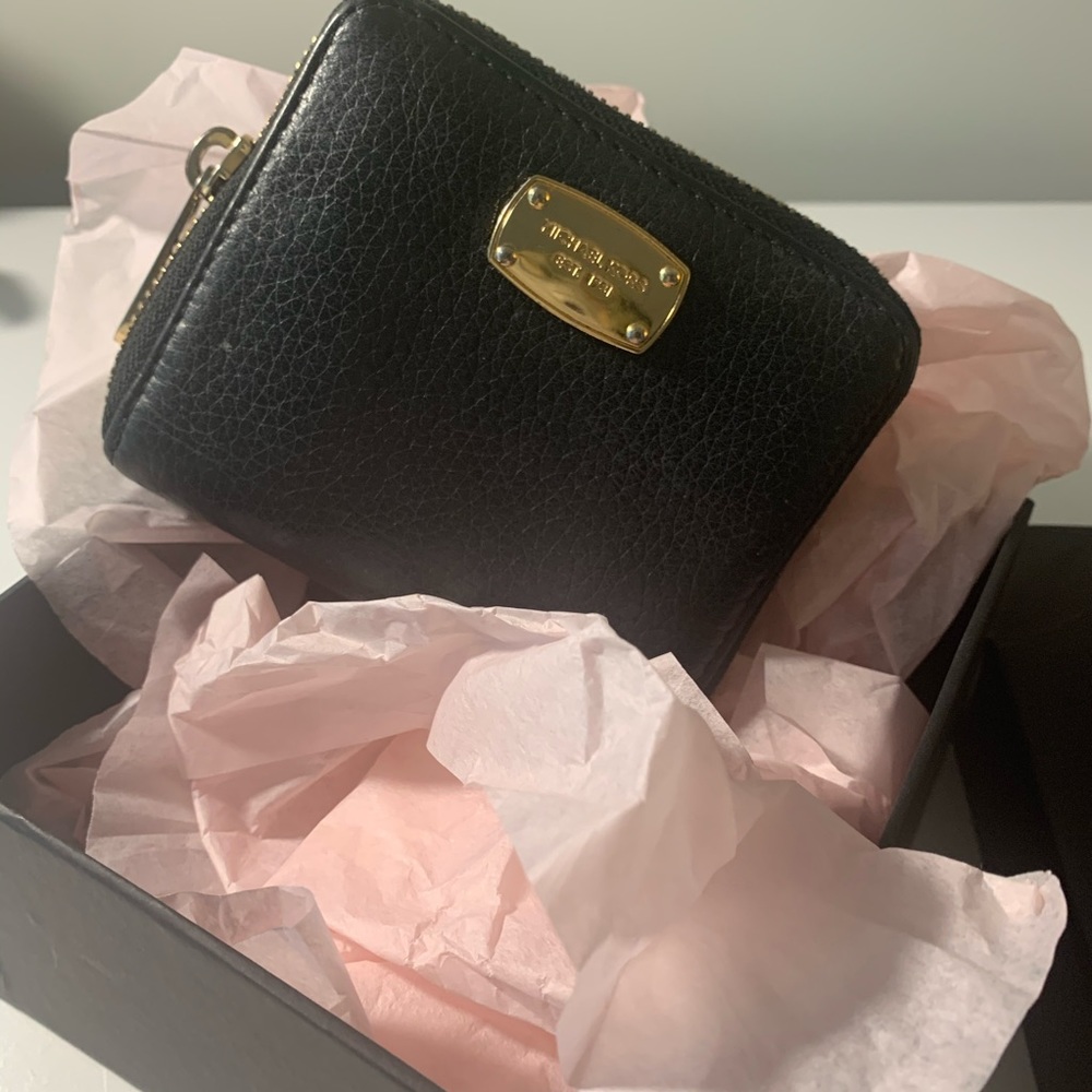 MK black mini wallet w GOLD hardware